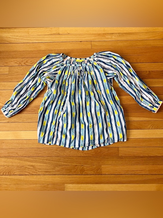 Roberta Roller Rabbit Tops - Roberta Roller Rabbit Blue Yellow Ikat Stripe Boho Cotton Blouse Large